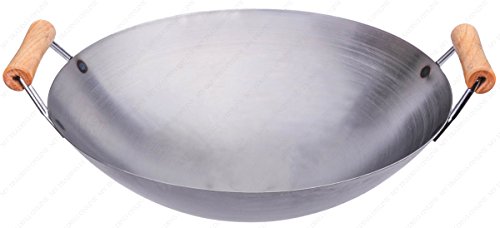 16 Inches Carbon Steel Round Bottom Wok with Two Side Wood Handle, 14 Gauge Thickness, USA Made (Wok Ring Included for NO Extra Charge)