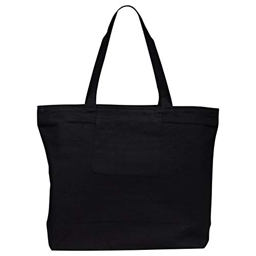 Heavy Canvas Large Tote Bag with Zippered Closure for Beach, Grocery Shopping, Travel by TBF Bags (Black, 2)