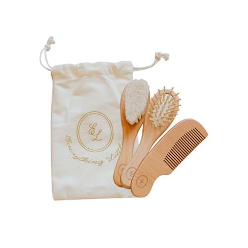 Image of Everything Littles Wooden Baby Brush Set - 3 Pack | Massage Brush, Soft Goat Hair Cradle Cap Brush & Sturdy Wooden Comb for Tangle-Free Baby Hair Grooming | Pull-Free, Gentle on Baby’s Scalp