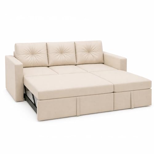 Image of FURNY Tira 4 Seater RHS Lounger Sofa Cum Bed (Cream) with Pull-Out Function | Luxury Velvet Suede Finish | Durable Comfort | Ideal for Living Room