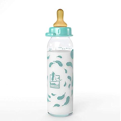 Lelekka® Standard Glass Bottle with Round Latex Teat, Size M, Milk, From Birth, 240 ml, Natural Latex Cover