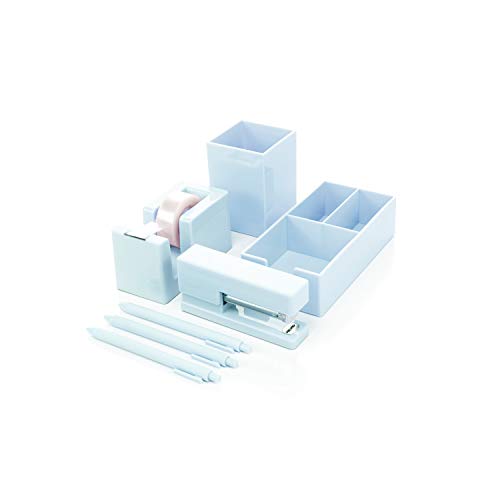 Heavy Duty Modern and Trendy 7-Piece Desktop Organizer Set Stapler Tape Dispenser Tray Pen Cup and Pens (Sky Blue)
