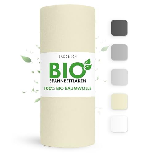 Jacobson Bio Spannbettlaken 140x200cm Baumwolle Spannbettlaken, GOTS zertifiziertes Bettlaken, 160g/m² Jersey Spannbetttuch (140x200, Natur)