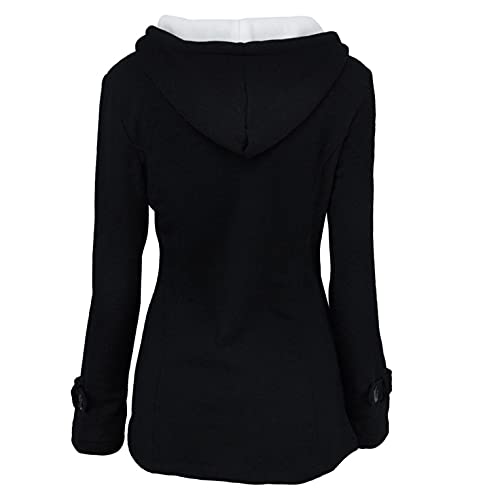 Women's Fuzzy Fleece Pea Coat Plus Size Winter Casual Horn Button Jacket Warm Long Sleeve Hooded Outerwear With Pockets Black, Xx-Large #TOP2