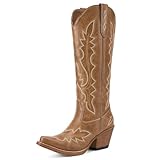 Rollda Cowboy Boots for Women, Knee High Cowgirl Boots, Womens Classic Western Boots Snip Toe, Tall Cowboy Boots Chunky Heel for Ladies Pull On