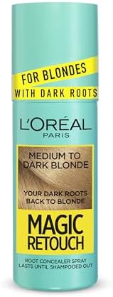 L'Oréal Paris Magic Retouch Instant Root Spray, Med to Dark Blonde. Ensures flawless coverage for grey regrowth in 3 seconds. This 75ml spray offers a quick, easy, natural-looking root touch-up.