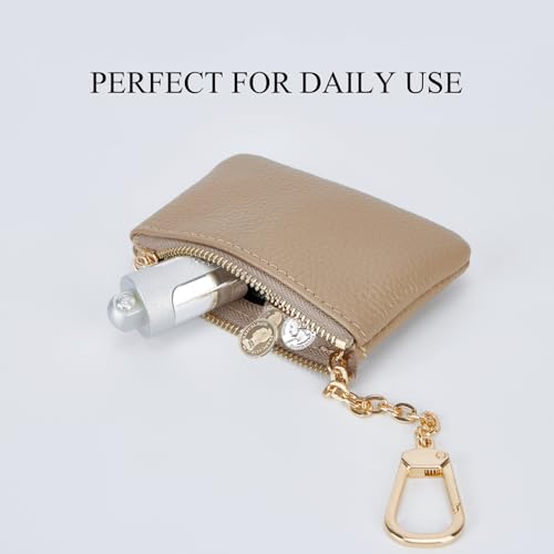 Image of Full Grain Leather Coin Purse with Key Chain - Small Change Purse Keychain Card Holder Pouch Small Wallet for Women and Men (Elephant Gray)