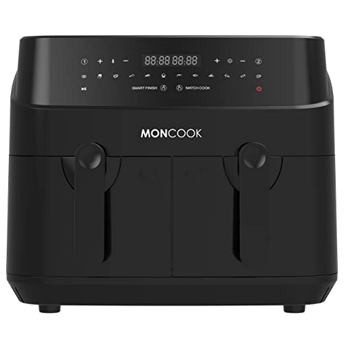 MONCOOK Double Air Fryer-2 In 1 Airfryer 9L With 2 x 4.5L Baskets-50 Recipe Cookbook-Smart Finish Function-Digital LED Display Airfryer-12 Pre-Set Cooking Programs-Healthy Oil-free Fryer, Black