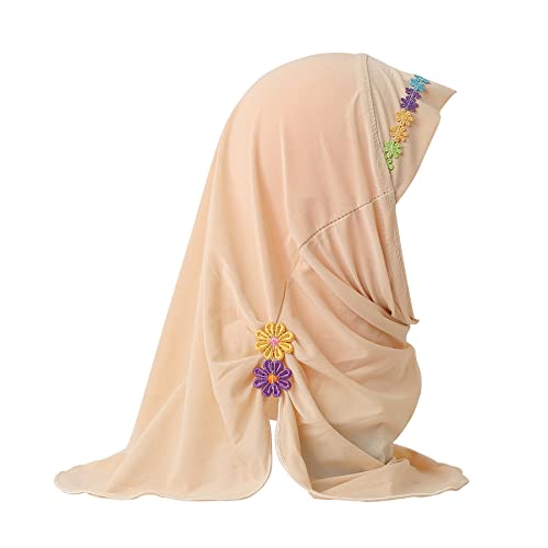 Suillty Kids Girls One Piece Muslim Hijab Scarf Floral Lace Hear Wrap Islamic Full Head Scarf Shawls