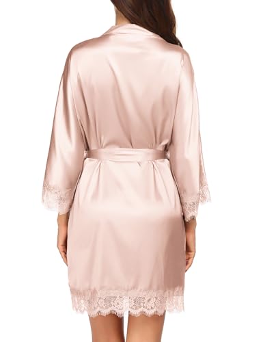 Image of Ekouaer Womens Silk Robes Short Lace Trim Satin Bride Bathrobe with Pockets