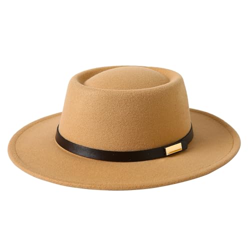 Image of Lanzom Women Vintage Wide Brim Warm Wool Fedora Hat Belt Panama Hat Felt Jazz Hat Fit Size 6 8 /7-7 1 /4