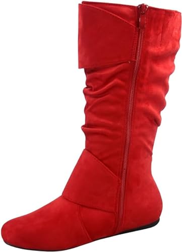 Image of Forever Link Women's Klein-70 Closed Round Toe Buckle Slouch Flat Heel Mid-Calf Boot