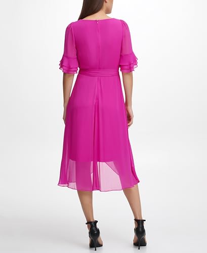 Image of DKNY Women's Ruffle Sleeve Surplice Tie Fit & Flare Midi Dress