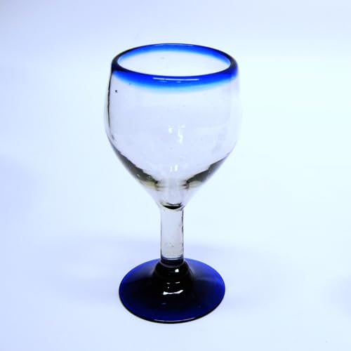 MexHandcraft Cobalt Blue Rim 7 oz Small Wine Glasses (set of 6), Recycled Glass, Lead-free, Toxin-Free (7oz Small Wine)