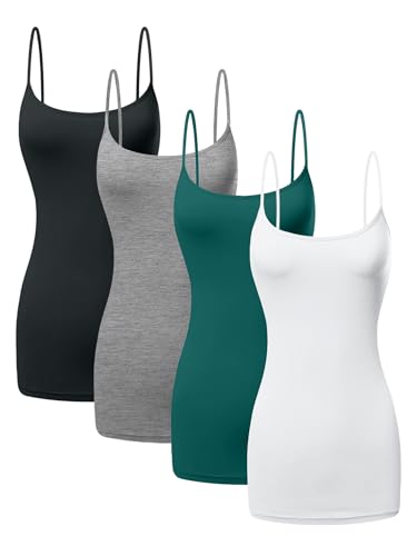 Image of Long Cotton Camisole Tank Tops for Women | Basic Braless Layering Tops with Adjustable Spaghetti Straps