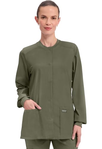Cherokee Scrub for Women Snap Front Jacket with 3 Pockets, Fade Resistant, 2-Way Stretch, Soft & Durable Fabric - WW340, XL, Olive