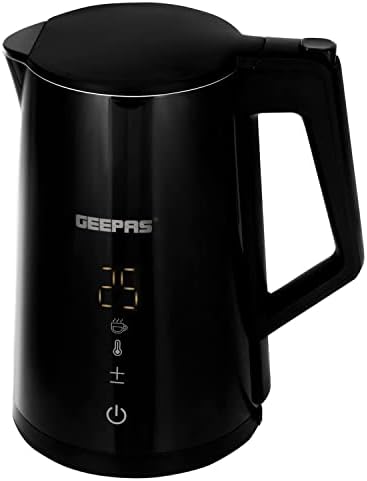 Geepas Digital Electric Kettle - Cordless Kettle, One Touch Digital Display, Auto Shut-Off & Boil-Dry Protection, Double Wall Cool Touch - 2200W Fast Boil, Stainless Steel Inner, 1.7L, Black