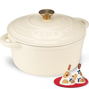 Overmont Bräter Emaille Gusseisen Topf - Schmortopf 26cm backofengeeignet - mit Deckel und Kochbuch - für Küche Backen Schmoren Braten Weiß