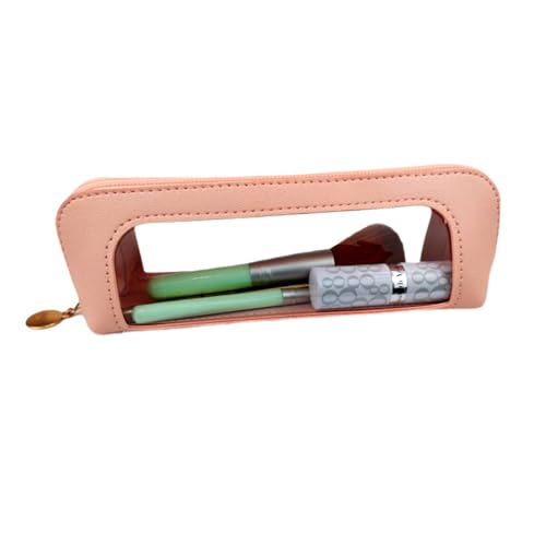 BYERUITE Small Clear Makeup Brush Bag with Zipper, PU Leather Travel Makeup Brush Case, Portable Waterproof Cosmetic Bag （Pink）