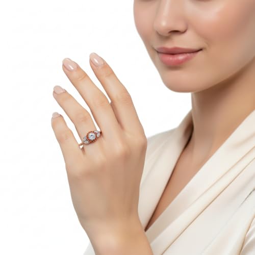 Image of Rose Gold Plated Diamond CZ & Blue Sapphire Petal Halo Engagement Ring for Women, Petite Round Shape Wedding & Everyday Jewelry, Handmade Gift for Wife US Size 4-12