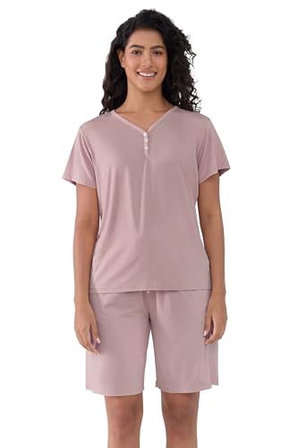 Image of Joyaria Cooling Pajamas Bamboo Viscose PJs Bermuda Shorts Set Women Henley Neck Summer Moisture Wicking Sleepwear