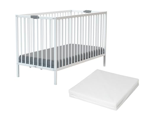 WEBABY - Lit bébé pliant en bois avec matelas 60 x 120 cm FLEX| Bois massif | Dès la naissance | Sommier à lattes | Compact | Transportable | Pliable |Gain de place...
