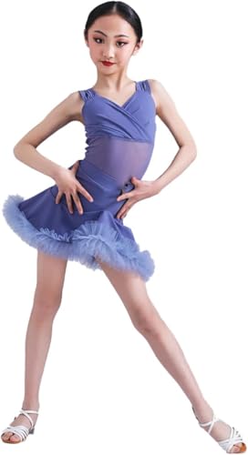 DgtZyrih Vestido de Baile Latino para niñas, Falda asimétrica, Traje Ajustado para presentaciones en el Escenario, Ropa de Baile de competición para Salsa y Tango, Falda de práctica de salón,Azul,170