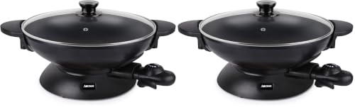 Image of AROMA Housewares AEW-306 Electric Wok with Tempered Glass Lid Easy Clean Nonstick, Cooking Chopsticks, Tempura and Steaming Racks, Professional Model, Black, 5Qt. (Pack of 2)