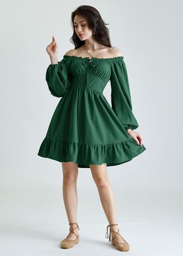 Image of Scarlet Darkness Women's Renaissance Off Shoulder Corset Mini Dress | Puff Sleeve, Lace-Up Front, Smocked, Flowy Fairy, Medieval, Peasant, Cottagecore, for Ren Faire, Pirate, Party, Daily