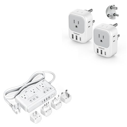 South Africa Plug Adapter 2 Pack, TESSAN Type M Power adapter with 4 AC Outlets 3 USB Ports(1 USB C), 220V to 110V Voltage Converter, for UK EU AUS Italy Spain, for Hair Dryer Curling Iron