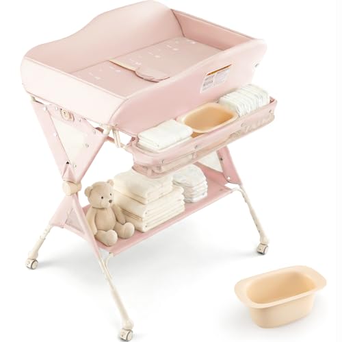 Image of INFANS Baby Changing Table with Wheels, Portable Folding Diaper Station Nursery Organizer with Storage Basket, Hanging Rack, Adjustable Height, Safety Belt for Newborn Infant (Light Pink)