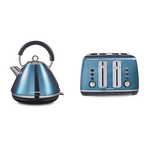 Morphy Richards Accents Kettle & Toaster Bundle, 1.5L, 3KW Rapid Boil Pyramid Kettle & 4 Slice Toaster Set, Easy Operation, User Friendly, Stylish Retro Design, Matching Set, Blue, 102049 | 242049