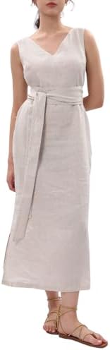 Amazhiyu Womens 100% Linen Summer V-Neck Midi Dresses Sleeveless ...