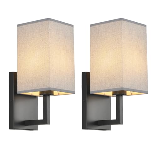 La Mejor Lista de Lámparas de pared de brazo múltiple de esta semana. 45 Deamakk - Juego de 2 apliques de pared modernos con visualización cuadrada de tela gris, estilo clásico E26 para sala de estar, chimenea, vestíbulo, pasillo, acabado negro mate.