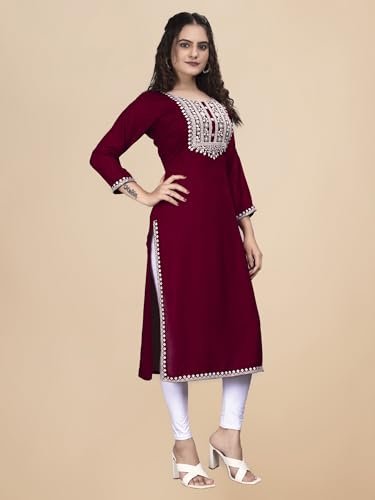 Image of Women Rayon Embroidered Kurti Three Quarter Sleeve Kurta for Women and Girls Embroidery Work Soft Rayon Fabric Comfortable