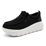 DLWKIPV Women's Platform Sneakers Wide Toe Tennis Casual Walking Shoes Increase Slip On Fashion Loafers for Women Shoes Black White US 8