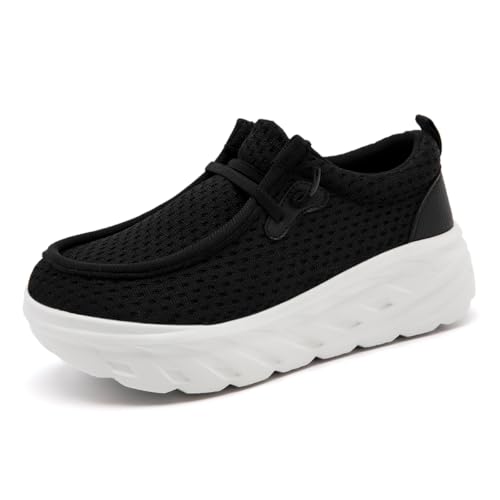 DLWKIPV Women's Platform Sneakers Wide Toe Tennis Casual Walking Shoes Increase Slip On Fashion Loafers for Women Shoes Black White US 7.5