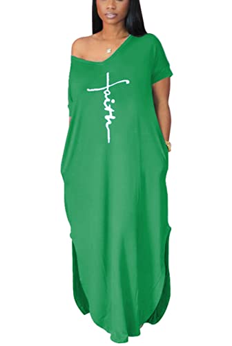Image of Women Summer V Neck Loose Side Split Maxi Dresses with Pocket