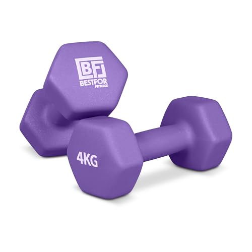 Bestfor Pair of 4kg Hex Anti Roll Non Slip Neoprene Dumbbell Weights For Exercise Fitness Workouts Lifting with Exercise Chart
