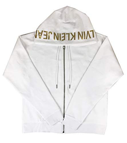 Calvin Klein Jeans Jaqueta feminina com logotipo met lico estampado no capuz com z per, Brillant White, Large