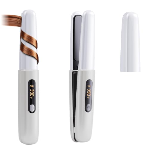 Cordless Hair Straightener Curler 2 in 1 Ceramic Flat Iron Mini Portable Fast Heating 30s 4500mAh Battery 4 Temp Adjustments LCD Display USB Rechargeable for Women Men with Pouch(Ivory White)