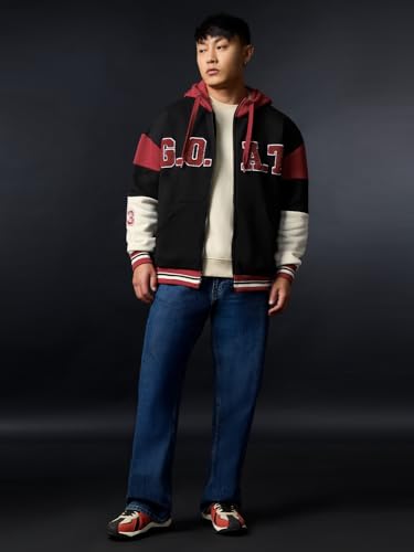 Image of The Souled Store G.O.A.T Men and Boys Full Sleeves Hooded Neck Black Embroidered Cotton Blend Oversized Fit Premium Fleece Zipper Hoodie