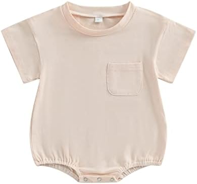 Baby Boy Girl Bubble Romper Oversized T-Shirt Bodysuit Basic Solid Short Sleeve Pocket Onesie Top Summer Clothes (E-Beige, 0-6 Months)