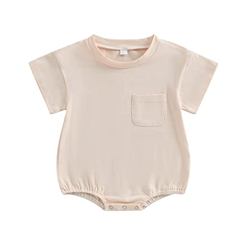 Baby Boy Girl Bubble Romper Oversized T-Shirt Bodysuit Basic Solid Short Sleeve Pocket Onesie Top Summer Clothes (E-Beige, 0-6 Months) #TOP6