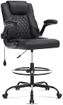 Leather Drafting Chair,Tall Office Chair for Standing Desk,Black | Inflatable Lumbar Support,27.5"-35.5"Adjustable Height,Foot Ring,Flip-up Armrests,High Executive Chair Counter Studio Chair
