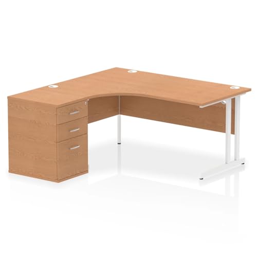 Mr Office Impulse Left Crescent Desk, White Cantilever Leg Workstation - with 600mm pedestal, Oak, 1600