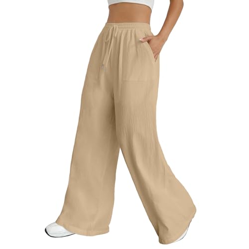 Wide Leg Linen Pants for Women Summer Drawstring Beach Pants Loose Lounge Palazzo Pants Comfy Lounge Pants