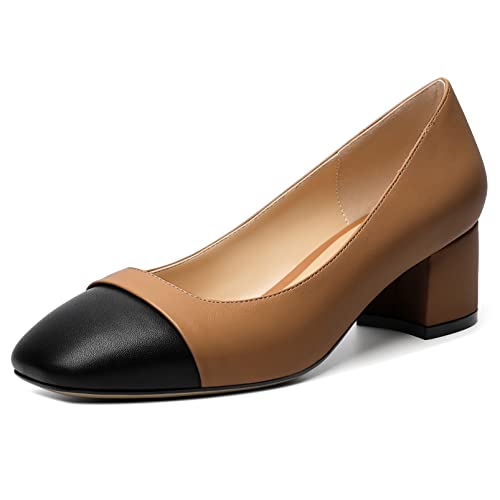 Zamikoo Women's Square Toe Block Heel Pumps, Slip on Chunky Low Heels, Cap Toe Classic Dress Shoes for Office Wedding Event Evening 2 Inches