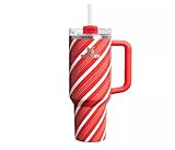 STANLEY 40 oz Stainless Steel H2.0 FlowState Quencher Tumbler, Candy Cane Stripe Pattern, Red and White, with Handle and Lid
