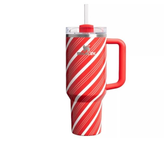 STANLEY 40 oz Stainless Steel H2.0 FlowState Quencher Tumbler Candy Cane Stripe Pattern Red and White with Handle and Lid